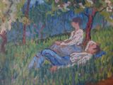 a painting of a man and a woman sitting in the grass