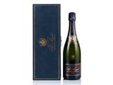 a bottle of champagne in front of a blue box