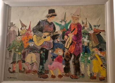 a painting of a man playing a guitar with a group of people