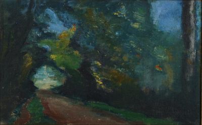 une image représentant une peinture d'une route dans les bois