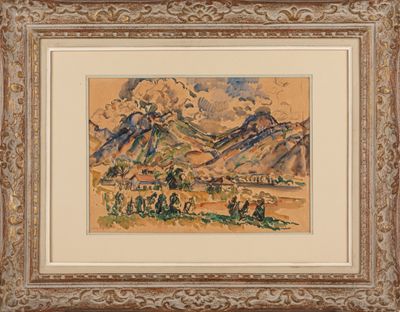 une image représentant un tableau représentant un paysage de montagne, dans un cadre
