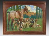 une image d'un tableau représentant un cheval et des chiens dans un champ