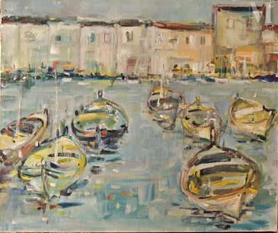 peinture de bateaux dans un port avec des bâtiments en arrière-plan