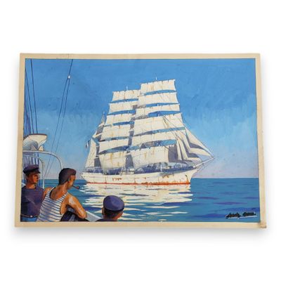 un tableau représentant un bateau sur l'eau avec des personnes à bord