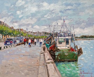 un tableau représentant un bateau amarré à un quai
