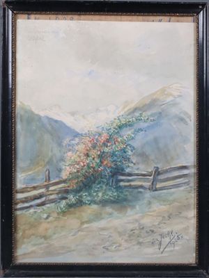 an oil painting of a mountain scene with a fence in the foreground