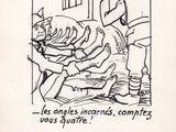 drawing of a cartoon of a man laying on a bed with another man in the background