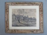 une vieille photo représentant une maison dans un champ, avec un arbre au premier plan