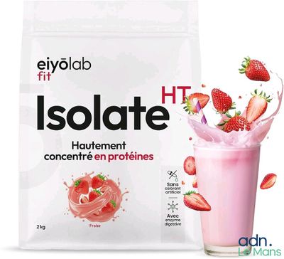 an image of a strawberry milkshake in a glass next to a bag of isolate
