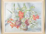 a painting of flowers in a vase on a table
