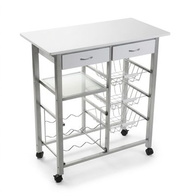 an image of a kitchen cart with baskets on it