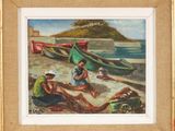 a painting of a group of people sitting on the beach