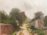 a painting of a dirt road in the middle of a field