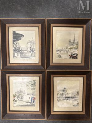 quatre dessins encadrés représentant une ville avec une tour horloge en arrière-plan