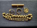 a close up of a gold chain with rings and a ring on it
