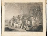un vieux dessin représentant un homme et une femme sur un bateau avec un chien