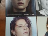 four photos of a woman with different hair styles on a table