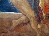 an oil painting of a nude woman sitting on a beach