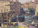 painting of boats in a harbor with buildings in the background