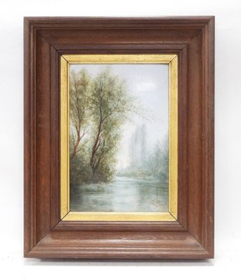 an oil painting of a river scene with trees and buildings in the background