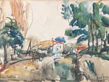 dessin représentant un tableau représentant un paysage avec des arbres et des bâtiments