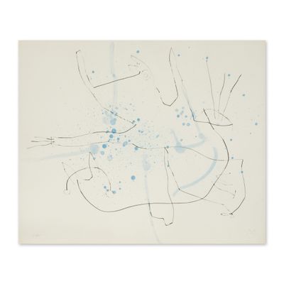 un dessin abstrait représentant un chat avec des taches bleues sur fond blanc