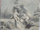 un vieux tableau représentant un groupe de personnes assises sur un rocher