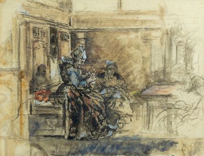 dessin représentant un homme assis sur un banc devant un magasin