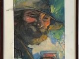 tableau représentant un homme barbu, coiffé d'un chapeau, en train de fumer une cigarette