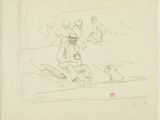 drawing of a man on skis with a dog on a leash