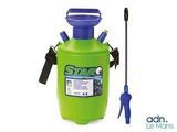 a close up of a green sprayer with a blue handle