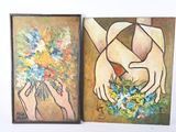 tableau représentant une paire de mains tenant un bouquet de fleurs, à côté d'un tableau représentant une femme tenant un bouquet