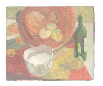 un tableau représentant une corbeille de fruits et une cruche de lait