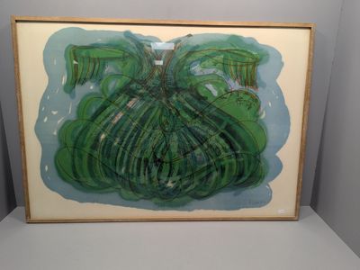 peinture représentant une plante verte dans un cadre en bois, posée sur une surface blanche
