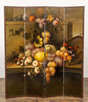 an image of a painting of fruit and flowers on a table