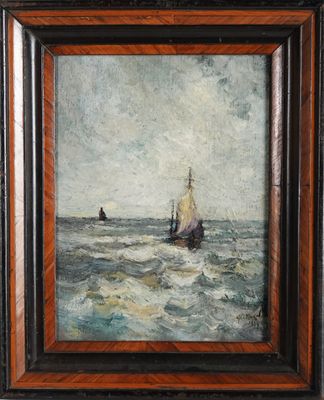 une peinture représentant un voilier en pleine mer, avec le ciel en arrière-plan