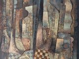 une peinture abstraite représentant un échiquier, un échiquier et une bouteille