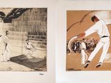 two pictures of a man hitting a ball with a tennis racquet