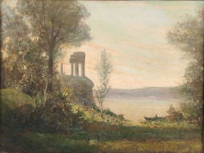 an image of a painting of a landscape with trees and a building
