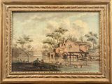 a painting of a river scene with a house and a boat