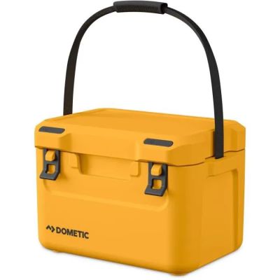 a yellow cooler box with handles and handles on a white background