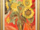 an oil painting of sunflowers in a vase on a table