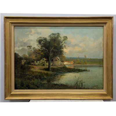 une peinture à l'huile représentant un paysage fluvial avec une maison et des arbres