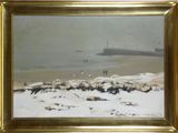 un tableau représentant des personnes marchant sur la plage sous la neige