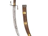 a close up of a knife with a wooden handle on a white background