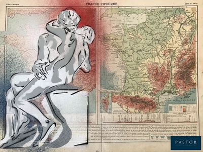 un dessin représentant un homme assis sur un banc à côté d'une carte