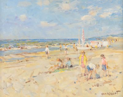 un tableau représentant des personnes sur la plage en train de jouer dans le sable