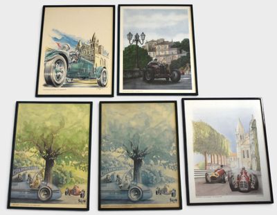 four framed pictures of old cars on a wall in a room