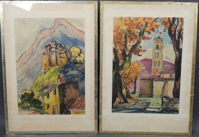 deux aquarelles encadrées représentant un village et une église