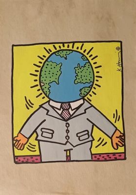 a drawing of a man in a suit with a globe on his head